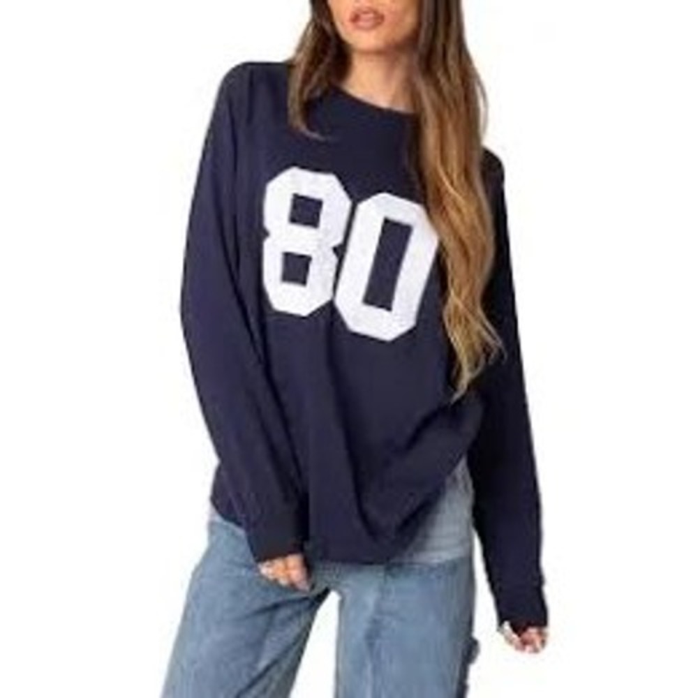 Edikted‎ Graphic Long Sleeve Tee Women XS Navy Blue Excellent 80 Varsity Sporty